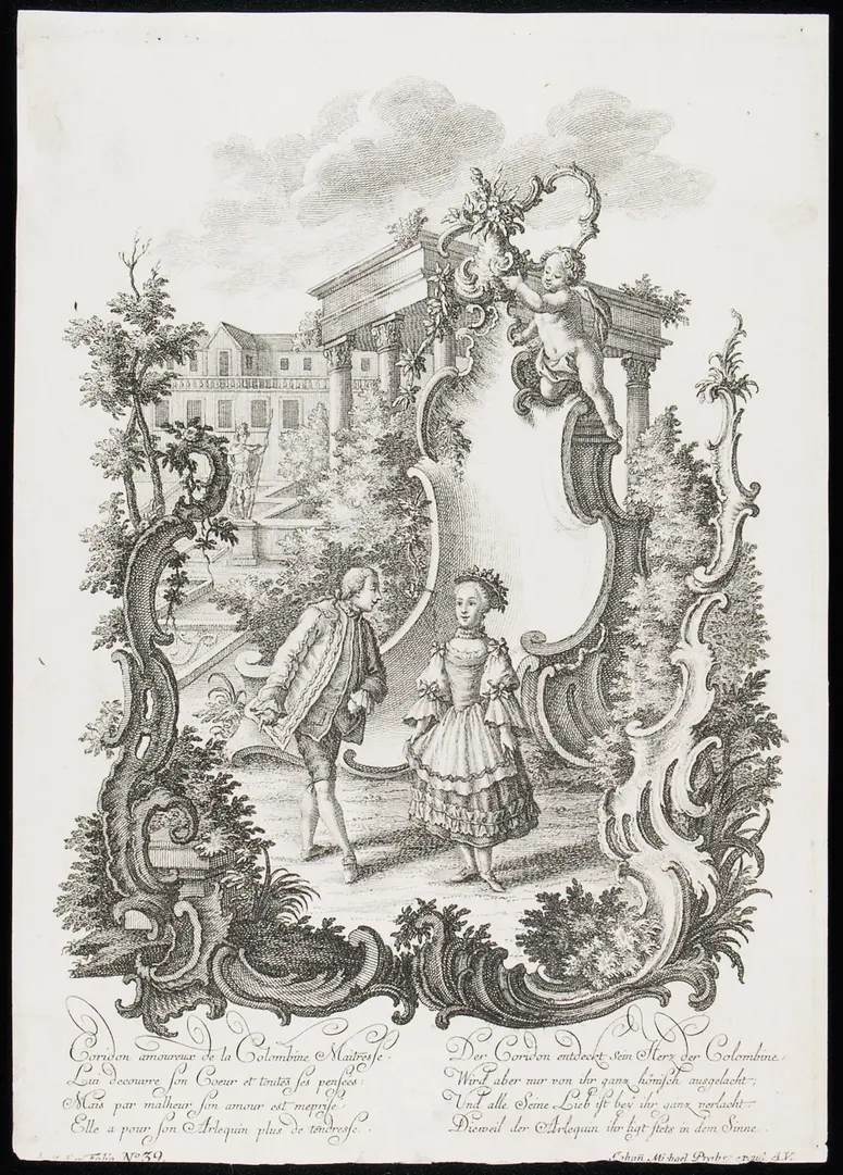 Commedia dell'arte, Titel in Vorlageform: Coridon amoureux de la Colombine Maitresse, Lui decouvre son Coeur et toutes ses pensées. [...], Titel in Vorlageform: Der Coridon entdeckt sein Herz der Colombine, Wird aber nur von ihr ganz hönisch ausgelacht; [...]
