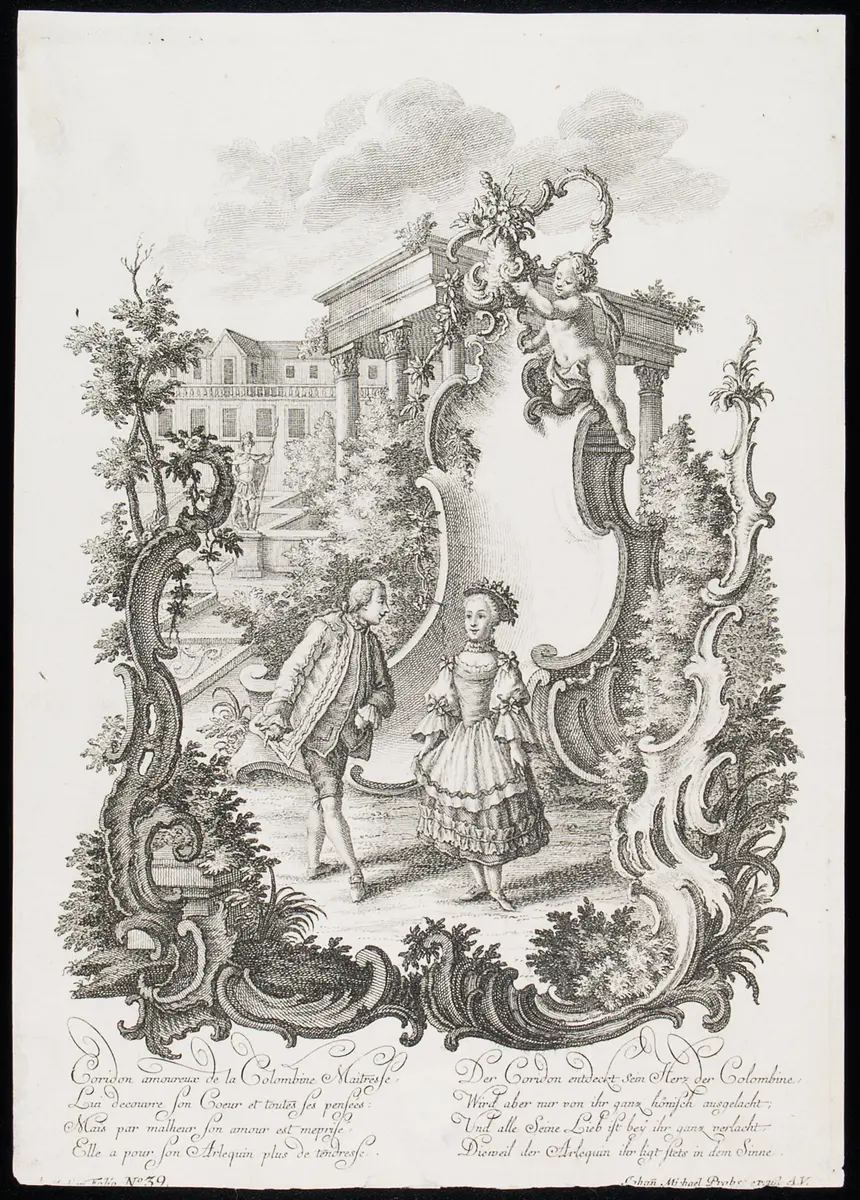 Commedia dell'arte, Titel in Vorlageform: Coridon amoureux de la Colombine Maitresse, Lui decouvre son Coeur et toutes ses pensées. [...], Titel in Vorlageform: Der Coridon entdeckt sein Herz der Colombine, Wird aber nur von ihr ganz hönisch ausgelacht; [...]
