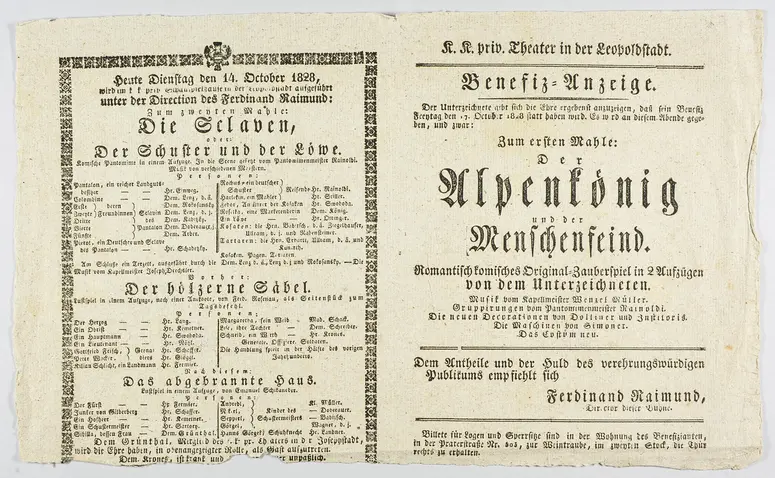 Der Alpenkönig und der Menschenfeind, Die Sclaven oder Der Schuster und der Löwe, Der hölzerne Säbel, Das abgebrannte Haus