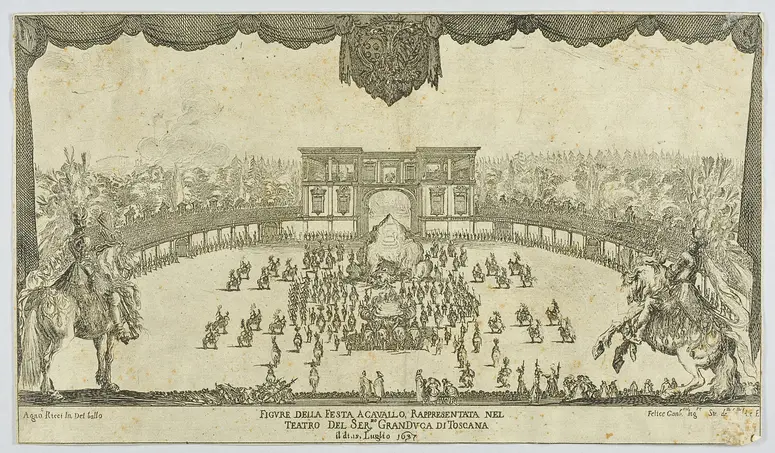 Descrizione delle feste fatte in Firenze per le reali nozze de Serenissimi sposi Ferdinando II. Gran duca di Toscana, e Vittoria principessa d'Vrbino., Titel in Vorlageform: Figure della festa a cavallo, rappresentata nel teatro del Ser.mo Gran Duca di Toscana, Verweis auf Stücktitel: La Gerusalemme liberata / L'Armida trionfante
