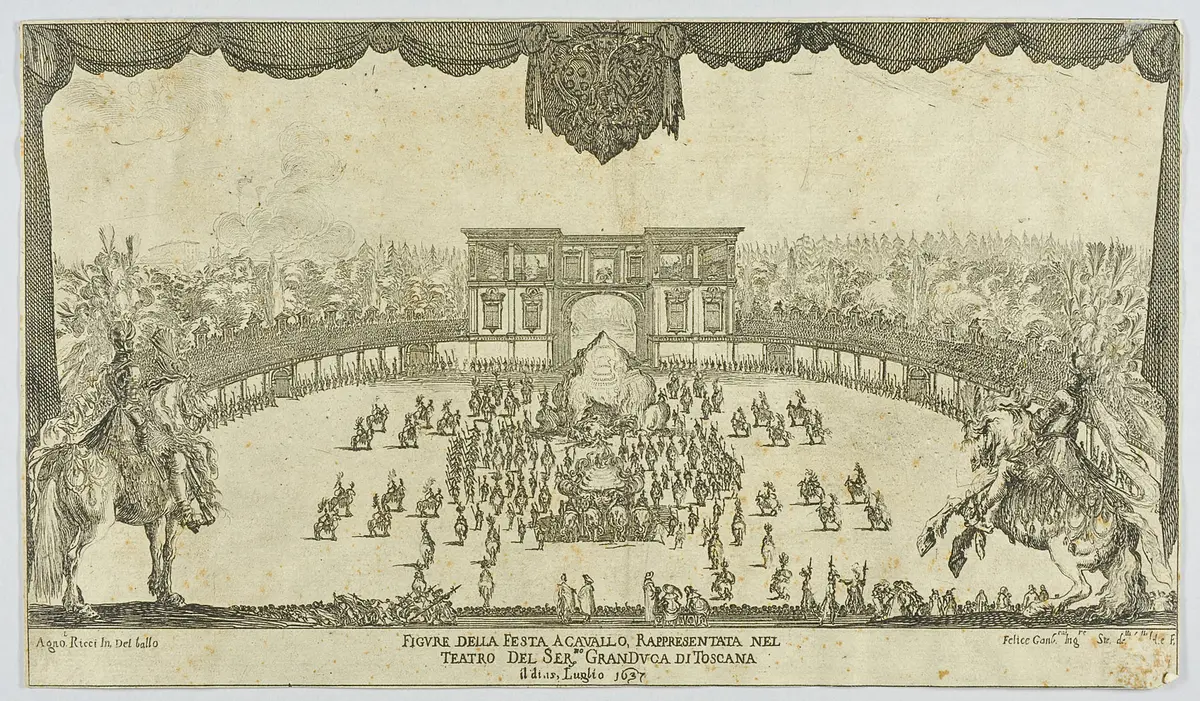 Descrizione delle feste fatte in Firenze per le reali nozze de Serenissimi sposi Ferdinando II. Gran duca di Toscana, e Vittoria principessa d'Vrbino., Titel in Vorlageform: Figure della festa a cavallo, rappresentata nel teatro del Ser.mo Gran Duca di Toscana, Verweis auf Stücktitel: La Gerusalemme liberata / L'Armida trionfante