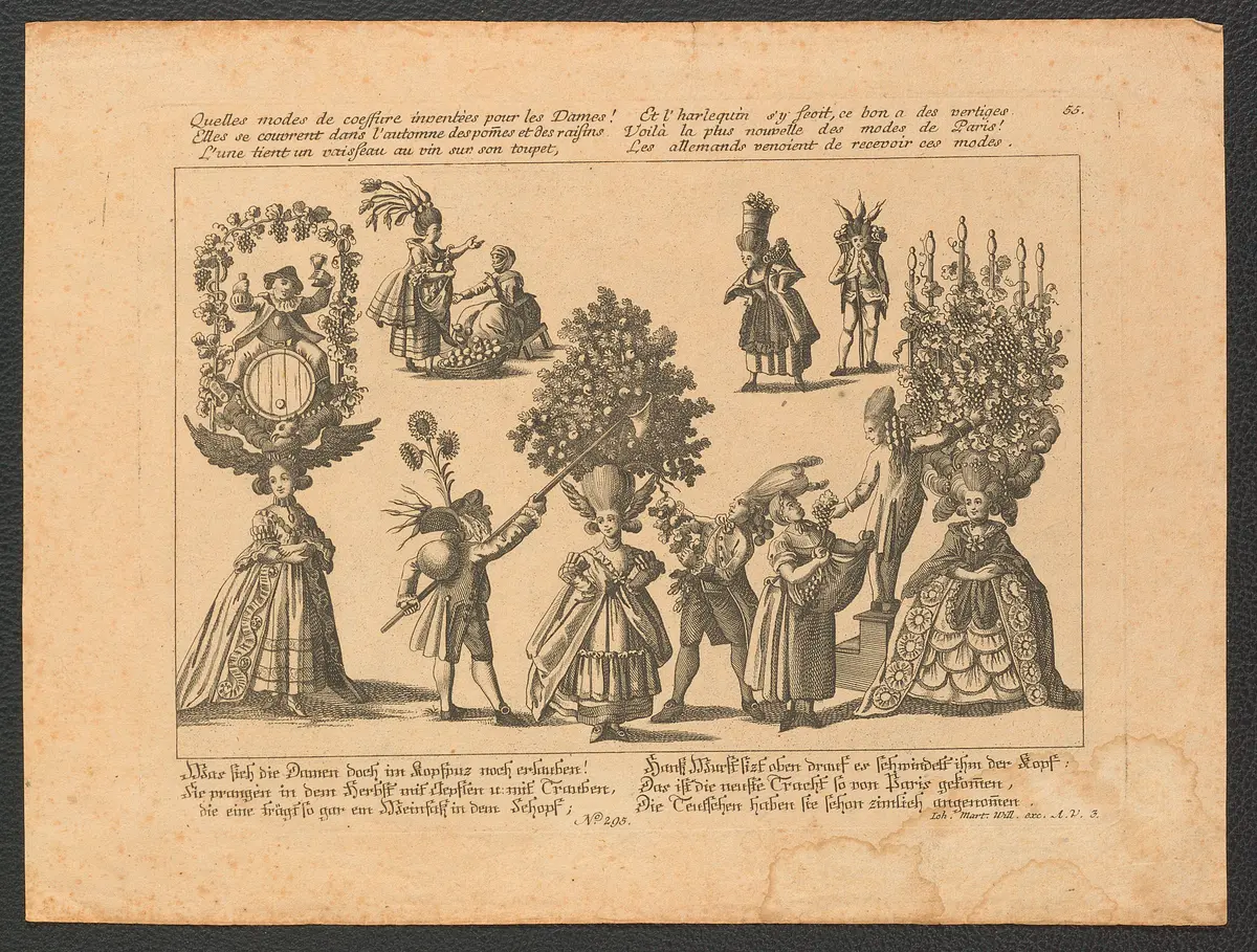 Was sich die Damen doch im Kopfpuz noch erlauben! / Sie prangen in dem Herbst mit Aepfeln u. mit Trauben [...], Weiterer Titel: Quelles modes de coeffure inventèes pour les Dames! / Elles se couvrent dans l'automne des pommes er des raisins [...]