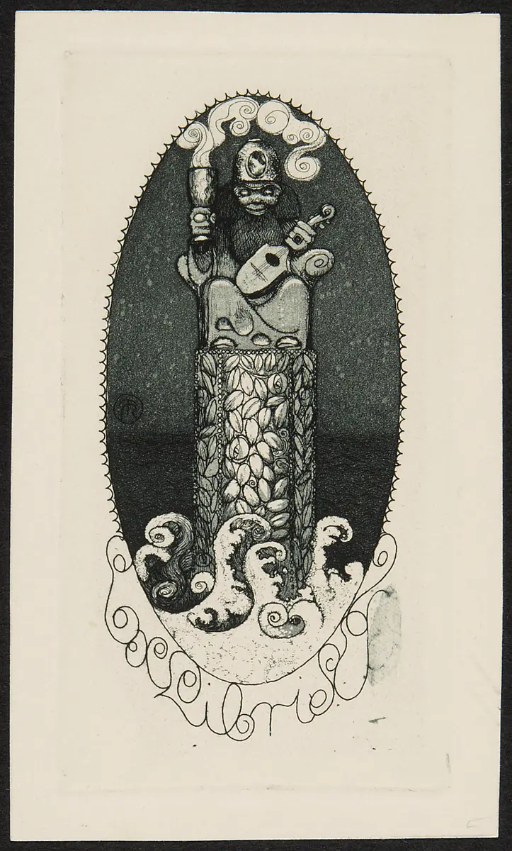 Exlibris Emma Teschner, Titel in Vorlageform: Exlibris E T, Alternativtitel: Exlibris mit Hausgötzen