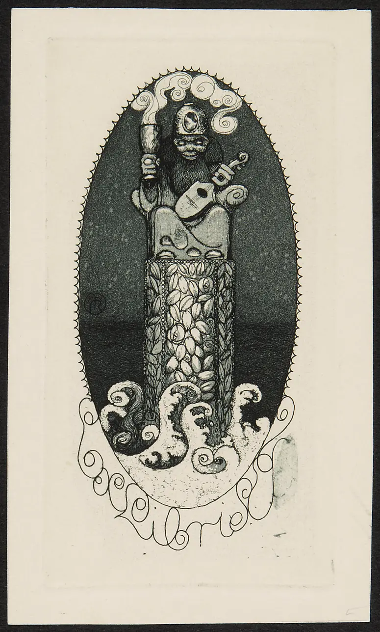 Exlibris Emma Teschner, Titel in Vorlageform: Exlibris E T, Alternativtitel: Exlibris mit Hausgötzen