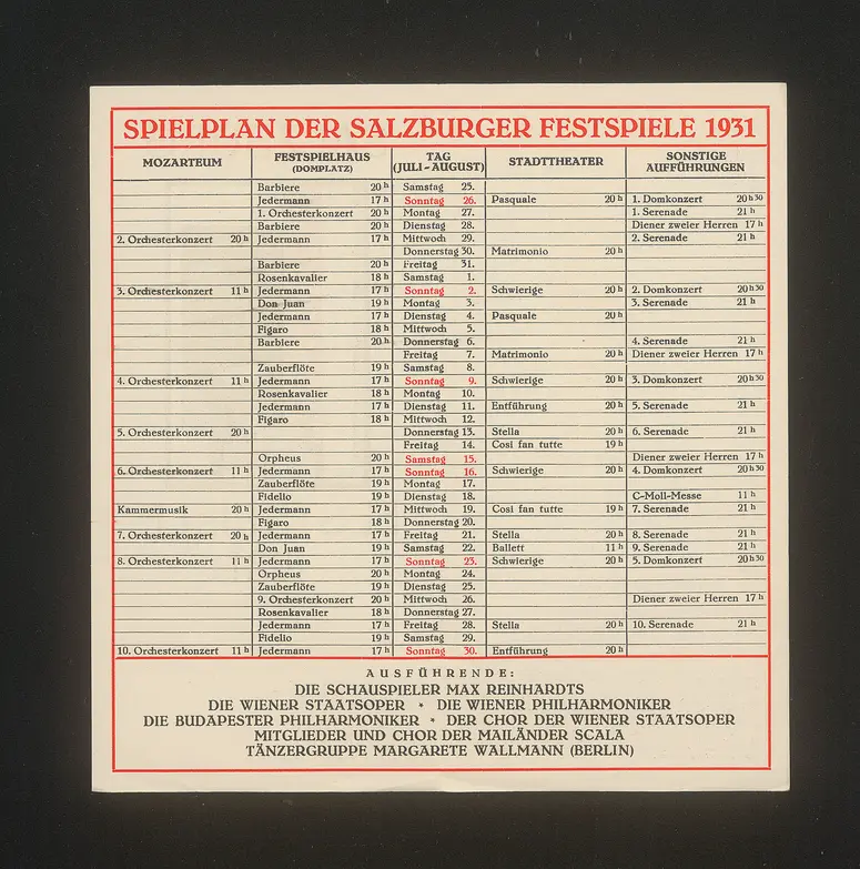 Salzburger Festspiele 1931, Verweis auf Stücktitel: Figaros Hochzeit, Verweis auf Stücktitel: Cosi fan tutte, Verweis auf Stücktitel: Der Rosenkavalier, Verweis auf Stücktitel: Don Juan, Verweis auf Stücktitel: Entführung aus dem Serail, Verweis auf Stücktitel: Fidelio, Verweis auf Stücktitel: Zauberflöte, Verweis auf Stücktitel: Orpheus und Eurydike, Verweis auf Stücktitel: Jedermann, Verweis auf Stücktitel: Der Schwierige