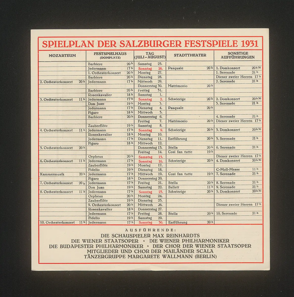 Salzburger Festspiele 1931, Verweis auf Stücktitel: Figaros Hochzeit, Verweis auf Stücktitel: Cosi fan tutte, Verweis auf Stücktitel: Der Rosenkavalier, Verweis auf Stücktitel: Don Juan, Verweis auf Stücktitel: Entführung aus dem Serail, Verweis auf Stücktitel: Fidelio, Verweis auf Stücktitel: Zauberflöte, Verweis auf Stücktitel: Orpheus und Eurydike, Verweis auf Stücktitel: Jedermann, Verweis auf Stücktitel: Der Schwierige