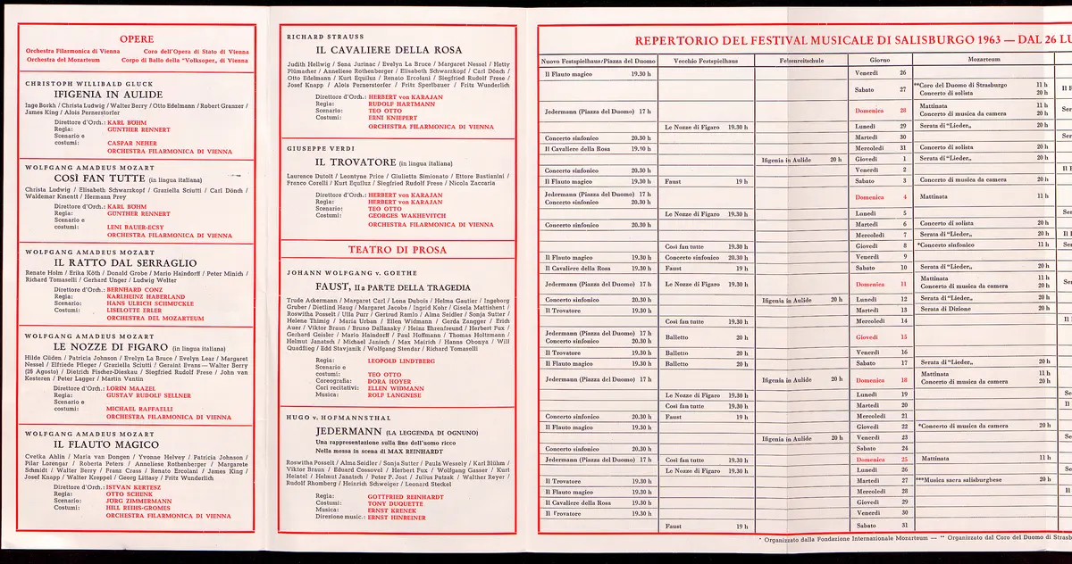 Salzburger Festspiele 1963, Titel in Vorlageform: Salzburgo Festival musicale 1963, Verweis auf Stücktitel: Iphigenie in Aulis, Verweis auf Stücktitel: Cosi fan tutte, Verweis auf Stücktitel: Die Entführung aus dem Serail, Verweis auf Stücktitel: Figaros Hochzeit, Verweis auf Stücktitel: Die Zauberflöte, Verweis auf Stücktitel: Der Rosenkavalier, Verweis auf Stücktitel: Der Troubadour, Verweis auf Stücktitel: Jedermann, Verweis auf Stücktitel: Faust