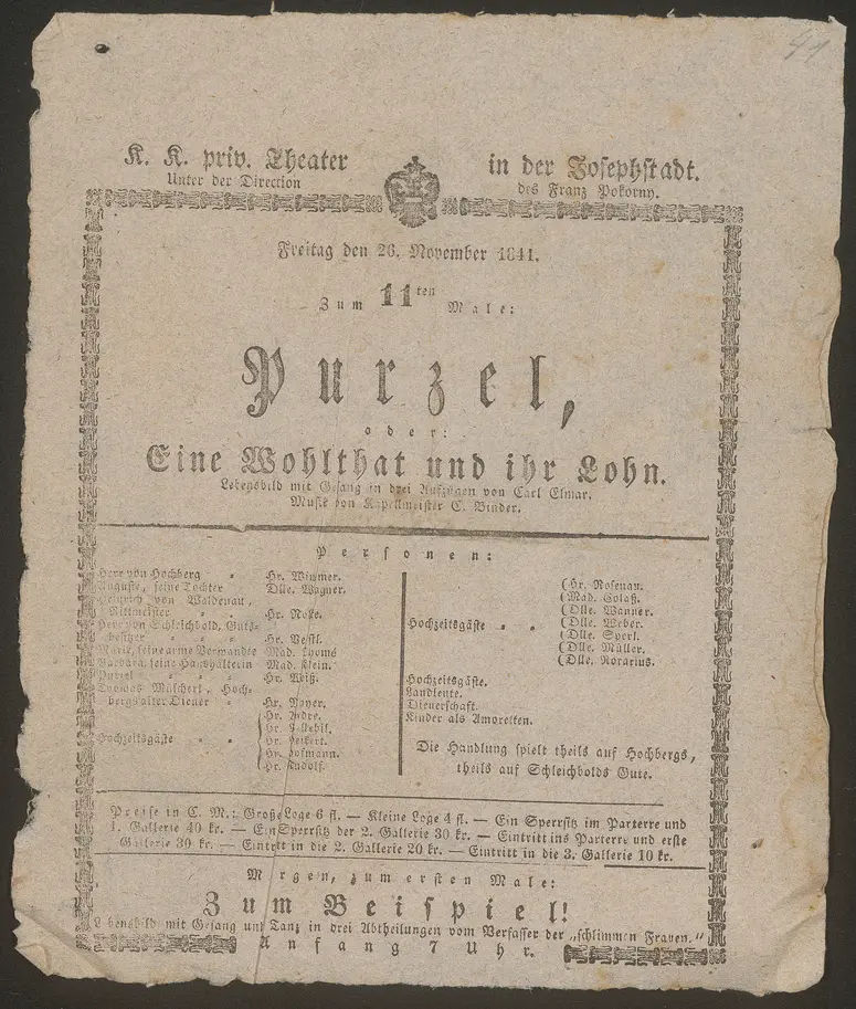 Purzel oder Eine Wohlthat und ihr Lohn, Purzel oder eine Wohltat und ihr Lohn
