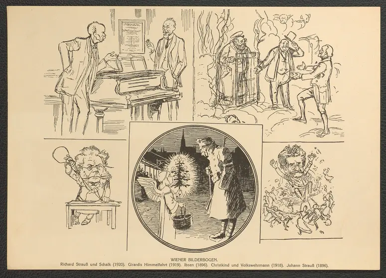 Wiener Bilderbogen. (Richard Strauß und Schalk, 1920, Girardis Himmelfahrt, 1919, Ibsen, 1896, Christkind und Volkswehrmann, 1918, Johann Strauß, 1896), Titel der Serie: Theo Zasche's Lachendes Wien