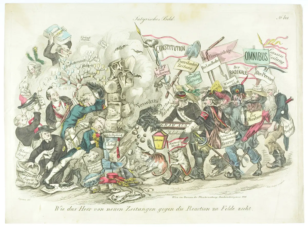 Wie das Heer von neuen Zeitungen gegen die Reaction zu Felde zieht, Titel der Serie: Satyrisches Bild, Name der Zeitschrift: Wiener Theaterzeitung