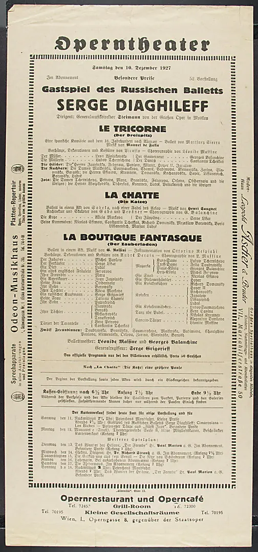 Russisches Ballett, Alternativtitel: Ballets Russes, Verweis auf Stücktitel: Le Tricorne (Der Dreispitz), Verweis auf Stücktitel: La Chatte (Die Katze), Verweis auf Stücktitel: La Boutique fantastique (Der Zauberladen)
