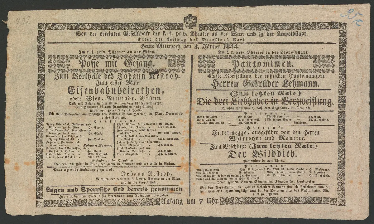 Eisenbahnheirathen, oder Wien, Neustadt, Brünn, Eisenbahnheiraten, Die drei Liebhaber in Verzweiflung, Der Wilddieb