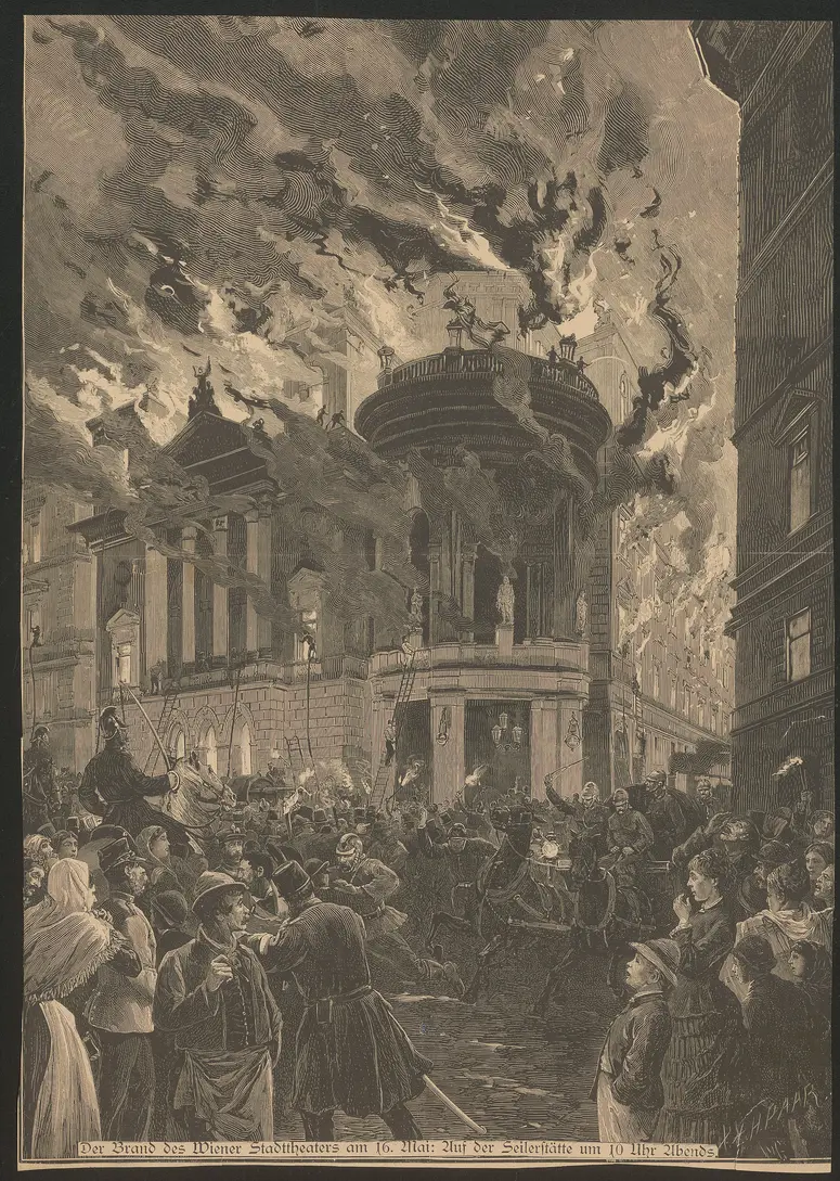 Wien, Stadttheater [I., Seilerstätte 9], Titel in Vorlageform: Der Brand des Wiener Stadttheaters am 16. Mai: Auf der Seilerstätte um 10 Uhr Abends