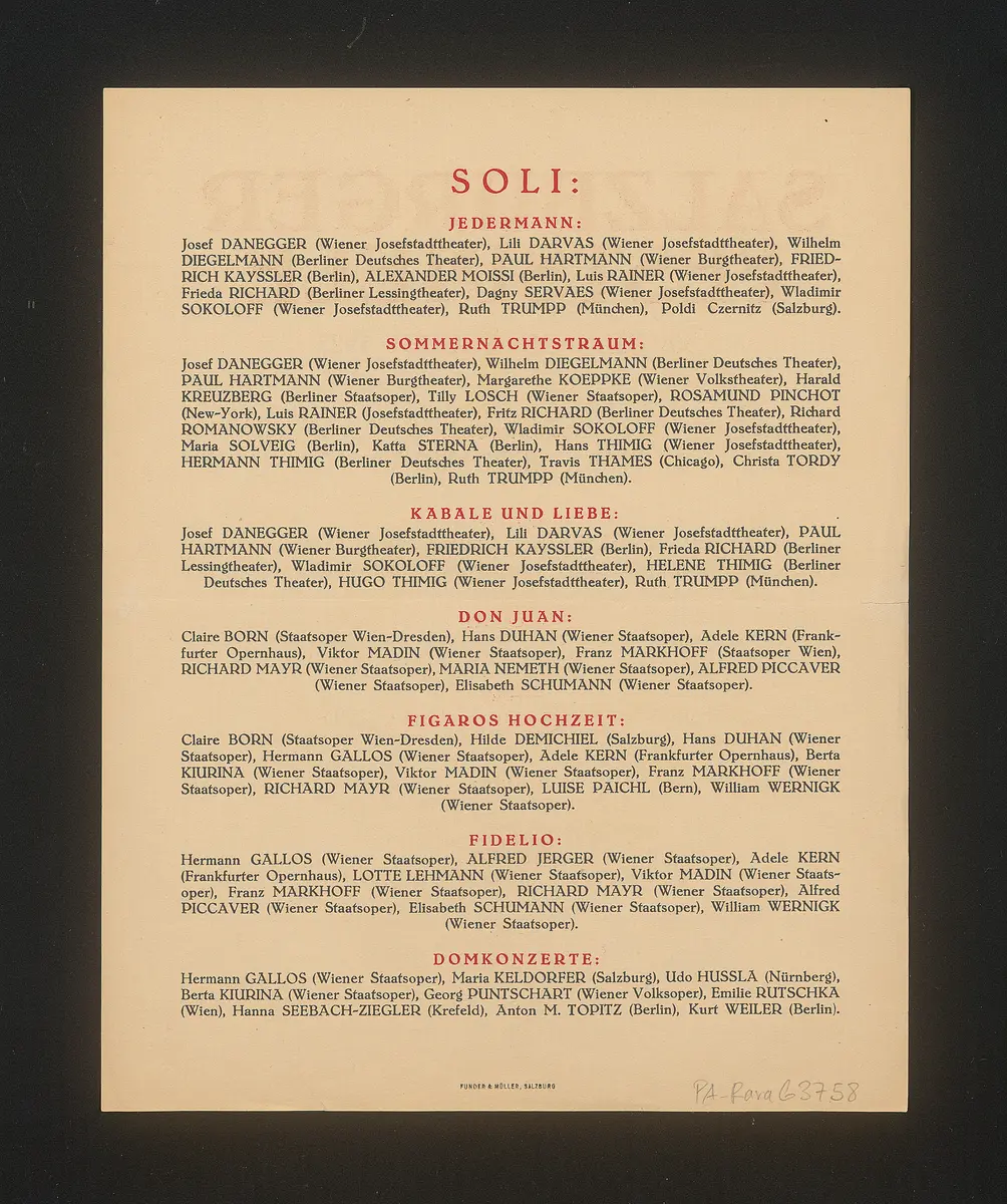 Salzburger Festspiele 1927, Verweis auf Stücktitel: Fidelio, Verweis auf Stücktitel: Don Juan, Verweis auf Stücktitel: Figaros Hochzeit, Verweis auf Stücktitel: Kabale und Liebe, Verweis auf Stücktitel: Sommernachtstraum, Verweis auf Stücktitel: Jedermann