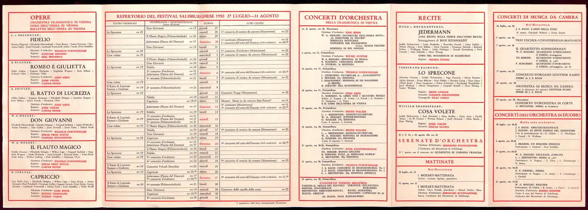 Salzburger Festspiele 1950, Titel in Vorlageform: Salisburgo Festival 1950, Verweis auf Stücktitel: Fidelio, Verweis auf Stücktitel: Romeo und Julia, Verweis auf Stücktitel: Raub der Lukrezia, Verweis auf Stücktitel: Don Giovanni, Verweis auf Stücktitel: Zauberflöte, Verweis auf Stücktitel: Capriccio, Verweis auf Stücktitel: Jedermann, Verweis auf Stücktitel: Der Verschwender, Verweis auf Stücktitel: Was ihr wollt