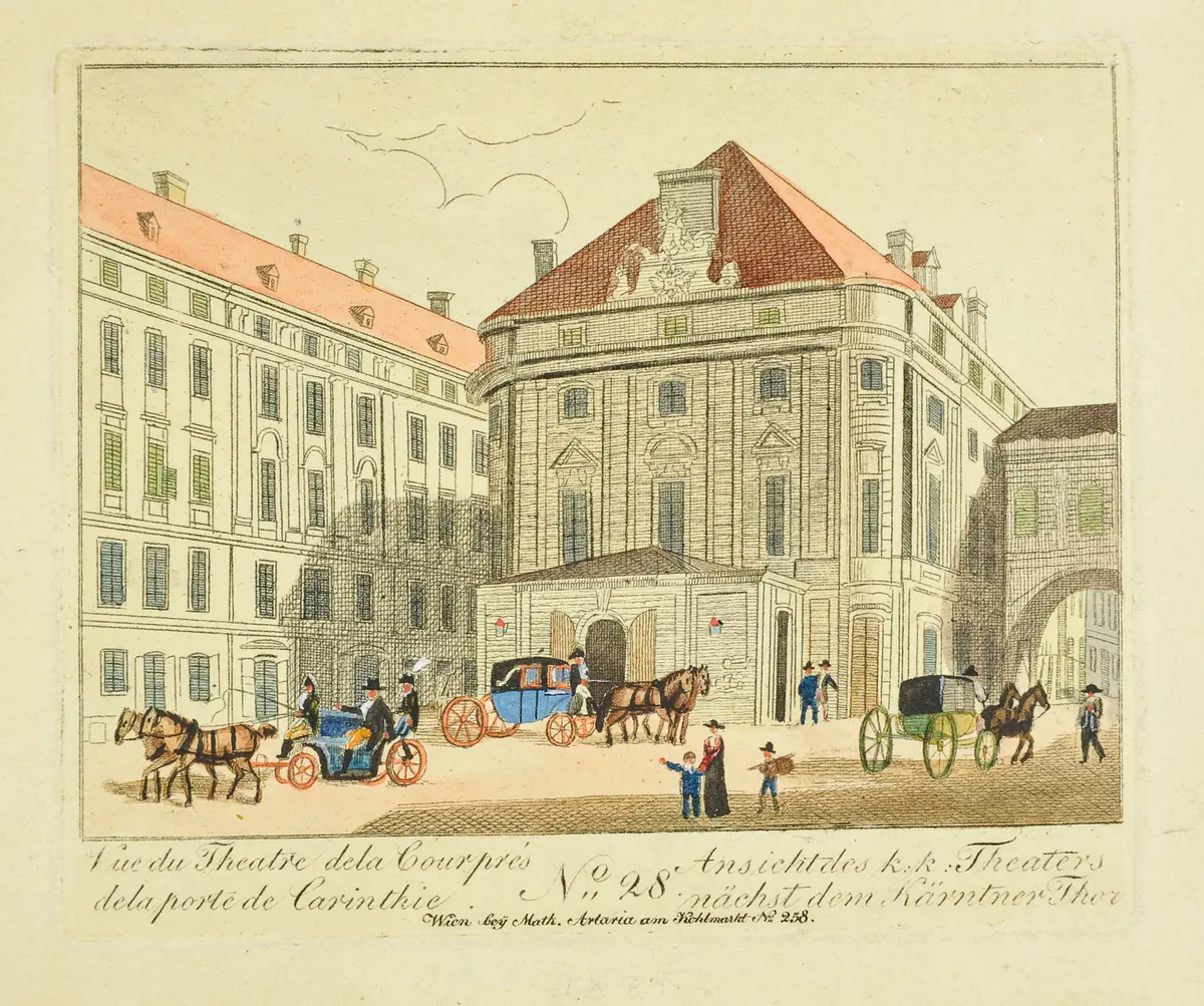 Wien, Kärntnertortheater, Titel in Vorlageform: Vue du Theatre de la Cour prés de la porte de Carinthie, Titel in Vorlageform: Ansicht des k.k. Theaters nächst dem Kärntnerthor