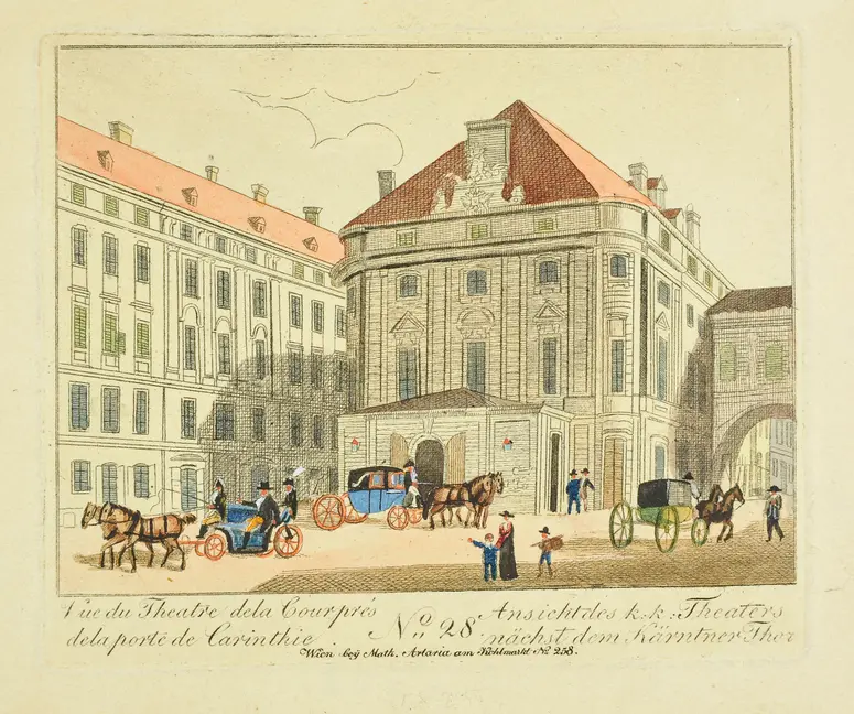 Wien, Kärntnertortheater, Titel in Vorlageform: Vue du Theatre de la Cour prés de la porte de Carinthie, Titel in Vorlageform: Ansicht des k.k. Theaters nächst dem Kärntnerthor