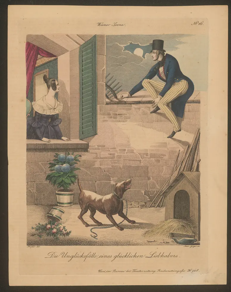 Die Unglücksfälle eines glücklichen Liebhabers., Titel der Serie: Wiener Scene, Name der Zeitschrift: Wiener Theaterzeitung