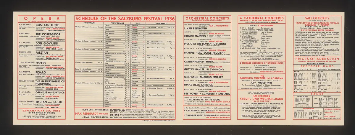 Salzburger Festspiele 1936, Titel in Vorlageform: Salzburg Festival 1936, Verweis auf Stücktitel: Cosi fan tutte, Verweis auf Stücktitel: Der Corregidor, Verweis auf Stücktitel: Don Giovanni, Verweis auf Stücktitel: Falstaff, Verweis auf Stücktitel: Fidelio, Verweis auf Stücktitel: Figaros Hochzeit, Verweis auf Stücktitel: Die Meistersinger von Nürnberg, Verweis auf Stücktitel: Orpheus und Eurydike, Verweis auf Stücktitel: Tristan und Isolde, Verweis auf Stücktitel: Jedermann, Verweis auf Stücktitel: Faust