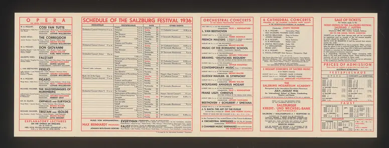 Salzburger Festspiele 1936, Titel in Vorlageform: Salzburg Festival 1936, Verweis auf Stücktitel: Cosi fan tutte, Verweis auf Stücktitel: Der Corregidor, Verweis auf Stücktitel: Don Giovanni, Verweis auf Stücktitel: Falstaff, Verweis auf Stücktitel: Fidelio, Verweis auf Stücktitel: Figaros Hochzeit, Verweis auf Stücktitel: Die Meistersinger von Nürnberg, Verweis auf Stücktitel: Orpheus und Eurydike, Verweis auf Stücktitel: Tristan und Isolde, Verweis auf Stücktitel: Jedermann, Verweis auf Stücktitel: Faust
