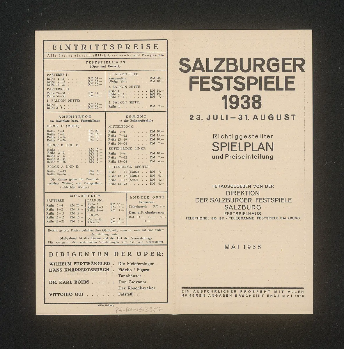 Salzburger Festspiele 1938, Titel in Vorlageform: Richtiggestellter Spielplan und Preiseinteilung, Verweis auf Stücktitel: Don Giovanni, Verweis auf Stücktitel: Falstaff, Verweis auf Stücktitel: Fidelio, Verweis auf Stücktitel: Die Meistersinger von Nürnberg, Verweis auf Stücktitel: Le nozze di figaro, Verweis auf Stücktitel: Der Rosenkavalier, Verweis auf Stücktitel: Tannhäuser, Verweis auf Stücktitel: Amphitrion, Verweis auf Stücktitel: Egmont