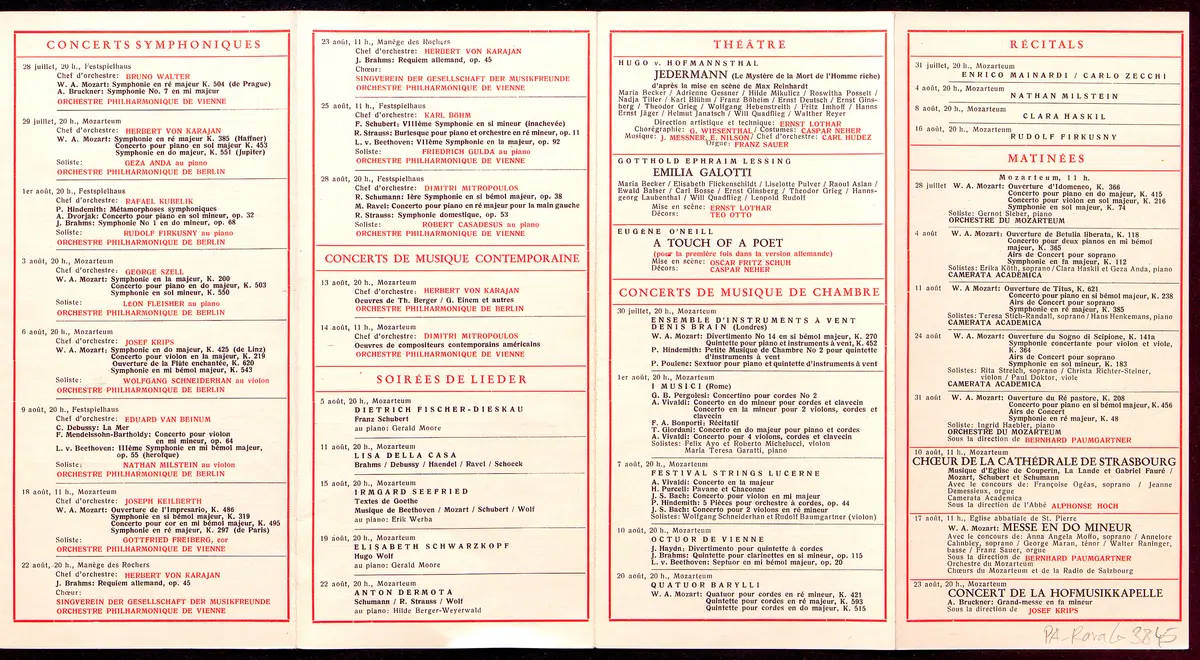 Salzburger Festspiele 1957, Titel in Vorlageform: Salzbourg Festival 1957, Verweis auf Stücktitel: Fidelio, Verweis auf Stücktitel: Schule der Frauen, Verweis auf Stücktitel: Cosi fan tutte, Verweis auf Stücktitel: Entführung aus dem Serail, Figaros Hochzeit, Verweis auf Stücktitel: Elektra, Verweis auf Stücktitel: Falstaff, Verweis auf Stücktitel: Jedermann, Verweis auf Stücktitel: Emilia Galotti, Verweis auf Stücktitel: Ein Hauch von Poesie