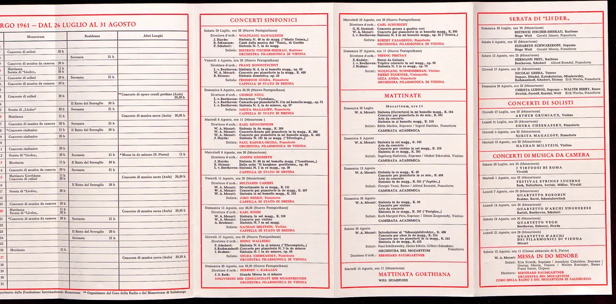 Salzburger Festspiele 1961, Titel in Vorlageform: Salzburgo Festival musicale 1961, Verweis auf Stücktitel: Cosi fan tutte, Verweis auf Stücktitel: Die Entführung aus dem Serail, Verweis auf Stücktitel: Don Giovanni, Verweis auf Stücktitel: Idomeneo, Verweis auf Stücktitel: Der Rosenkavalier, Simon Boccanegra, Verweis auf Stücktitel: Das Bergwerk zu Falun, Verweis auf Stücktitel: Jedermann, Verweis auf Stücktitel: Faust, Verweis auf Stücktitel: Der Bauer als Millionär