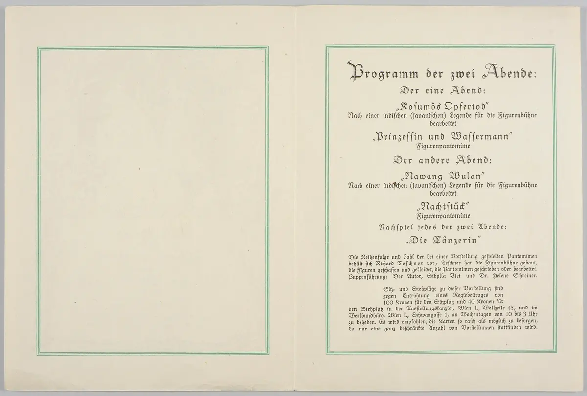 Richard Teschners Figurentheater, Titel in Vorlageform: Einladung zu einer von Richard Teschner veranstalteten Theater-Vorstellung seiner Figurenbühne, Titel der Ausstellung: Ausstellung österreichischer Kunstgewerbe verbunden mit einer Sonderausstellung Richard Teschner, Verweis auf Stücktitel: Kosumos Opfertod, Verweis auf Stücktitel: Prinzessin und Wassermann, Verweis auf Stücktitel: Nawang Wulan, Verweis auf Stücktitel: Nachtstück, Verweis auf Stücktitel: Die Tänzerin / Die grüne Tänzerin