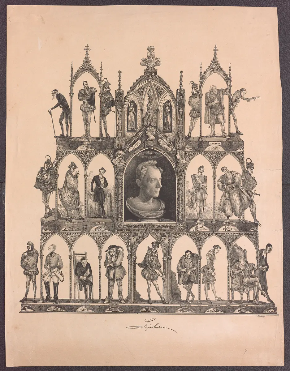 Carl Seydelmann, Verweis auf Stücktitel: Egmont, Verweis auf Stücktitel: Columbus, Verweis auf Stücktitel: Faust, Verweis auf Stücktitel: Othello, Verweis auf Stücktitel: Der Kaufmann von Venedig, Verweis auf Stücktitel: Karl XII. auf der Heimkehr, Verweis auf Stücktitel: Der Jude, Verweis auf Stücktitel: Die Royalisten, Verweis auf Stücktitel: Ein Glas Wasser, Verweis auf Stücktitel: König Ludwig XI. in Peronne