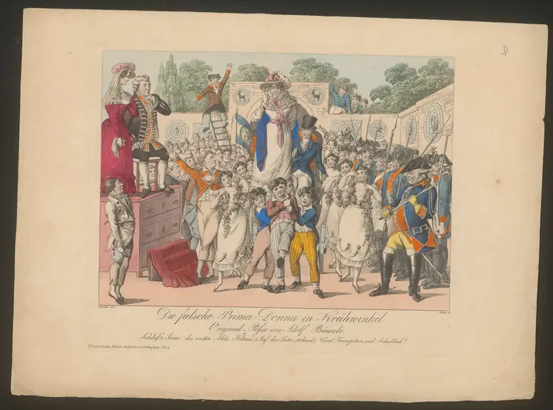 Die falsche Primadonna in Krähwinkel, Titel in Vorlageform: Die falsche Prima-Donna in Krähwinkel, Titel der Serie: Theatralische Bilder-Gallerie, Name der Zeitschrift: Wiener Theaterzeitung