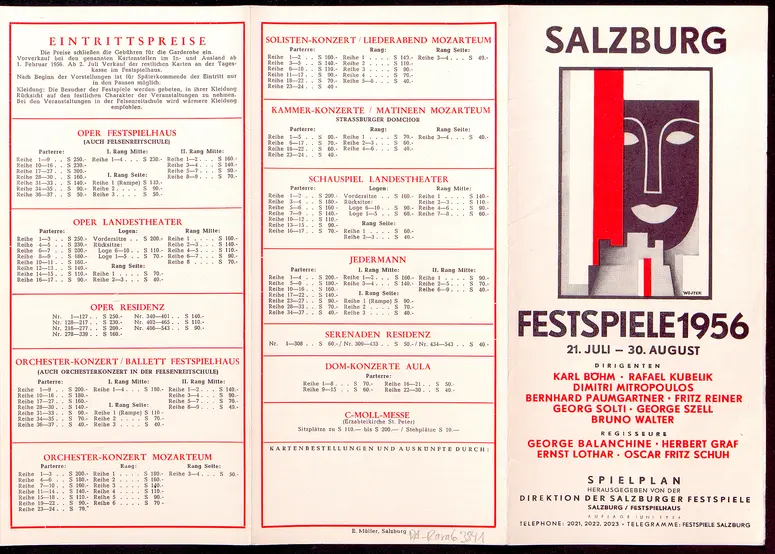 Salzburger Festspiele 1956, Verweis auf Stücktitel: Cosi fan tutte, Verweis auf Stücktitel: Don Giovanni, Verweis auf Stücktitel: Entführung aus dem Serail, Figaros Hochzeit, Verweis auf Stücktitel: Idomeneo, Verweis auf Stücktitel: Zauberflöte, Verweis auf Stücktitel: Jedermann, Verweis auf Stücktitel: Egmont