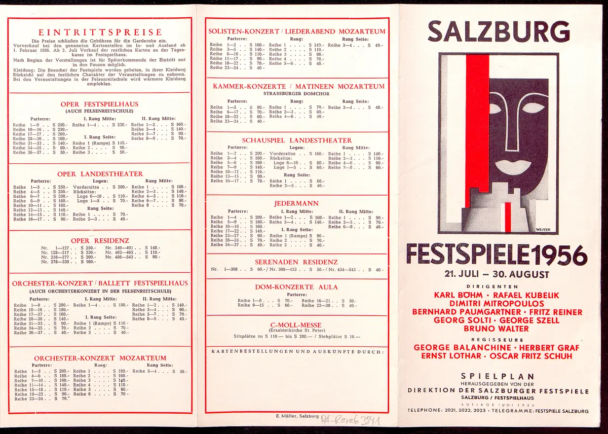 Salzburger Festspiele 1956, Verweis auf Stücktitel: Cosi fan tutte, Verweis auf Stücktitel: Don Giovanni, Verweis auf Stücktitel: Entführung aus dem Serail, Figaros Hochzeit, Verweis auf Stücktitel: Idomeneo, Verweis auf Stücktitel: Zauberflöte, Verweis auf Stücktitel: Jedermann, Verweis auf Stücktitel: Egmont