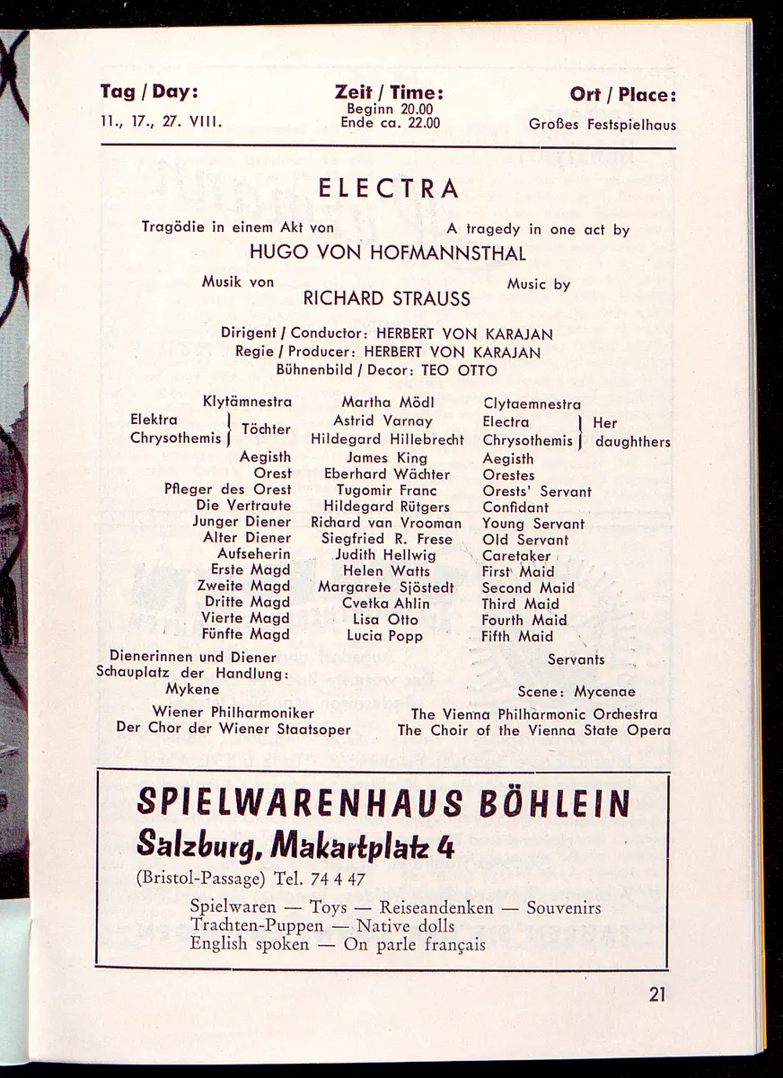 Salzburger Festspiele 1964, Titel in Vorlageform: Salzburgo Festival 1964, Verweis auf Stücktitel: Cosi fan tutte, Verweis auf Stücktitel: Figaros Hochzeit, Verweis auf Stücktitel: Lucio Silla, Verweis auf Stücktitel: Die Zauberflöte, Verweis auf Stücktitel: Ariadne auf Naxos, Verweis auf Stücktitel: Elektra, Verweis auf Stücktitel: Der Rosenkavalier, Verweis auf Stücktitel: Macbeth, Verweis auf Stücktitel: Jedermann, Verweis auf Stücktitel: Faust, Verweis auf Stücktitel: Die lustigen Weiber von Windsor