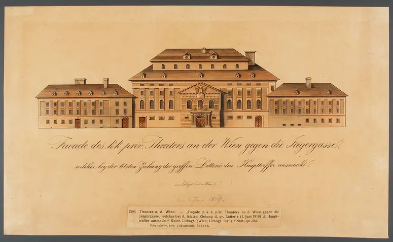 Wien, Theater an der Wien, Titel in Vorlageform: Facade des k.k. priv. Theaters an der Wien gegen die Jaegergasse
