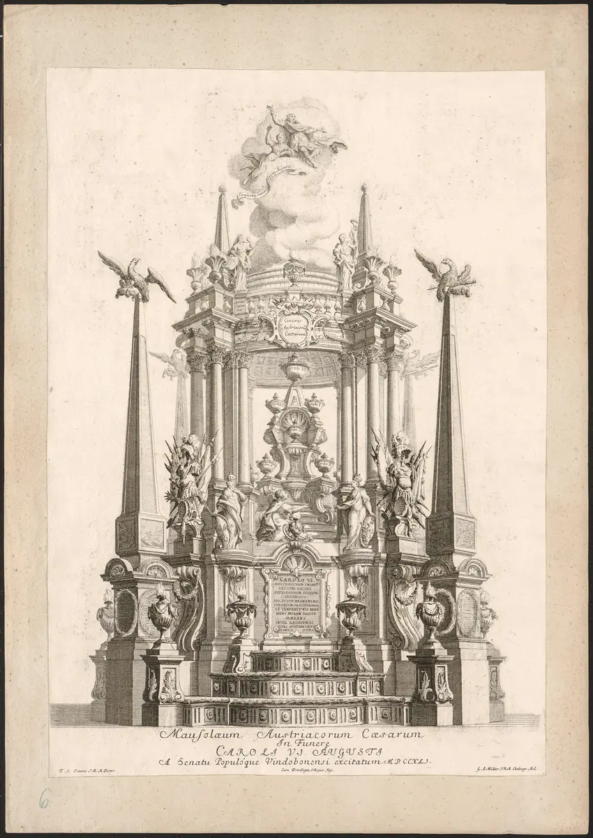 Trauergerüst für Kaiser Karl VI., Titel des Artikels: Mausoleum Austriacorum Caesarum In Funere CAROLO VI. AUGUSTI A Senatu Populoque Vindobonensi excitatum MDCCXDI.
