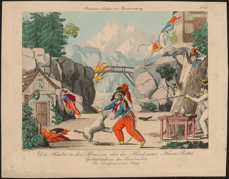 Die Räuber in den Abruzzen, oder der Hund, seines Herrn Retter, Titel der Serie: Prämien-Bild, Name der Zeitschrift: Wiener Theaterzeitung