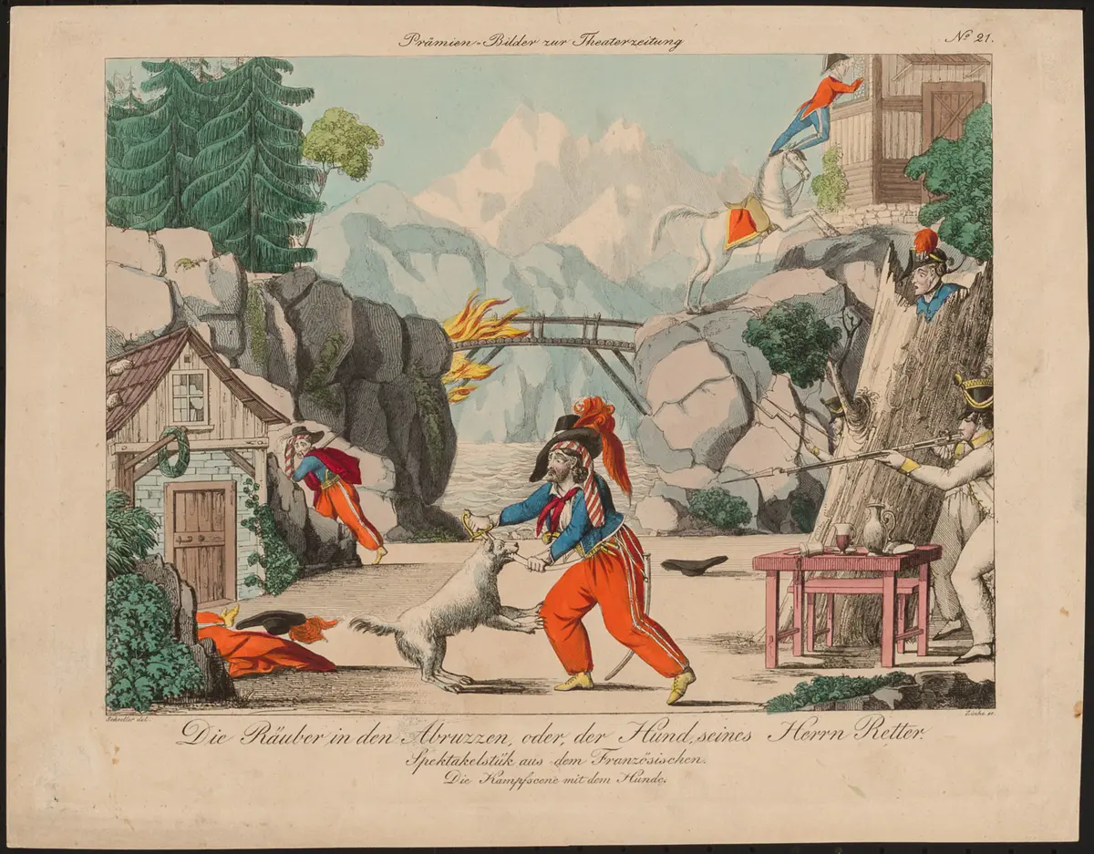 Die Räuber in den Abruzzen, oder der Hund, seines Herrn Retter, Titel der Serie: Prämien-Bild, Name der Zeitschrift: Wiener Theaterzeitung