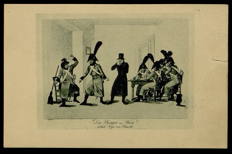 Die Bürger in Wien, Titel der Serie: Gallerie drolliger Scenen, Name der Zeitschrift: Wiener Theaterzeitung