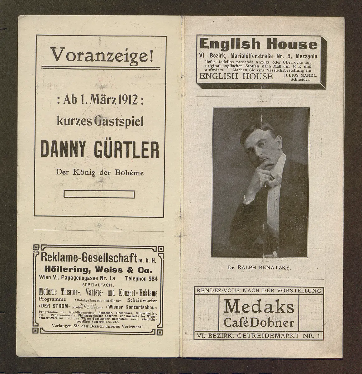 Kabarett Fledermaus, Titel in Vorlageform: Fledermaus 1911-12, Verweis auf Stücktitel: Colombinens Untreue, Verweis auf Stücktitel: Das blonde Abenteuer, Verweis auf Stücktitel: Kokottchens Mission