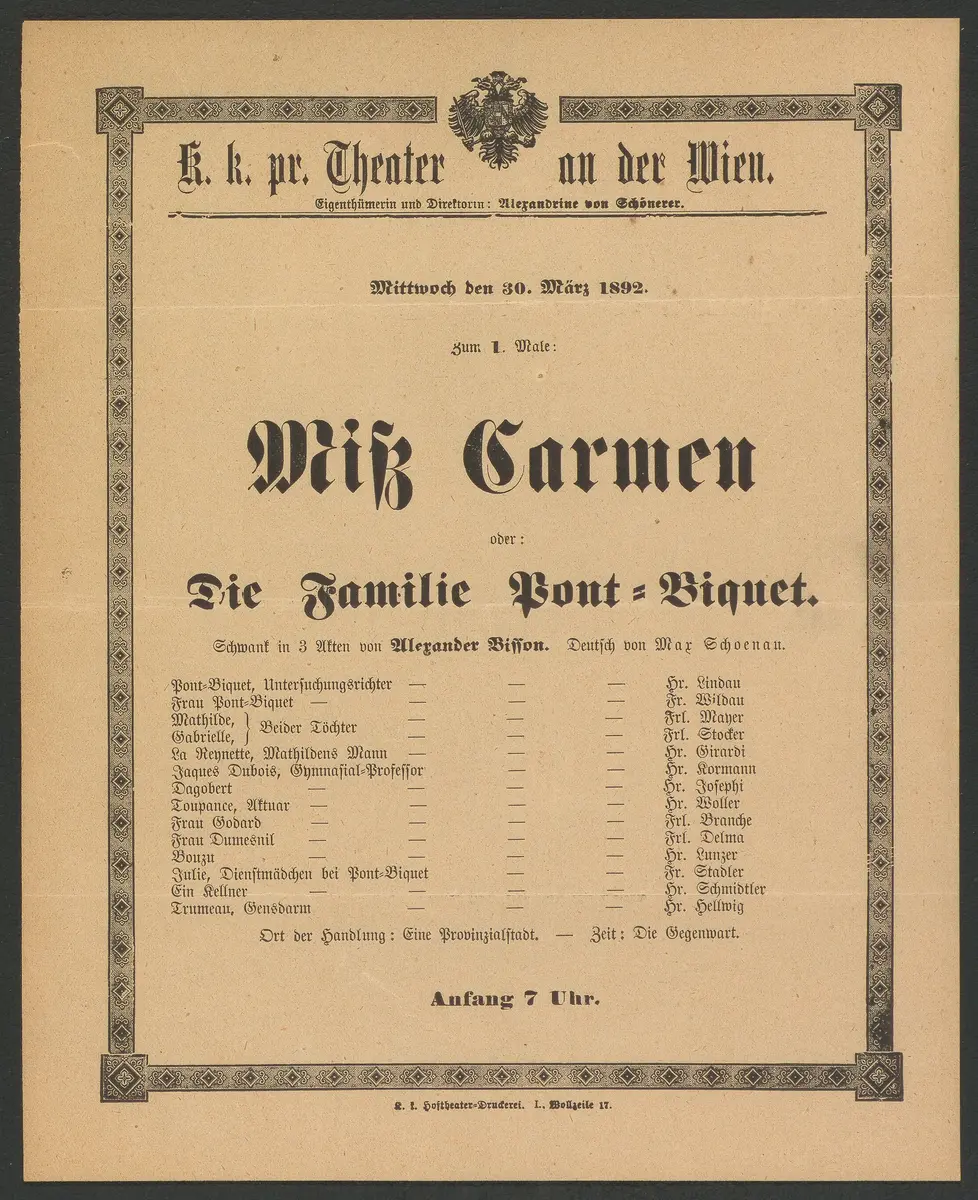 Miß Carmen, oder Die Familie Pont-Biquet, Alternativtitel: Miss Carmen, oder Die Familie Pont-Biquet