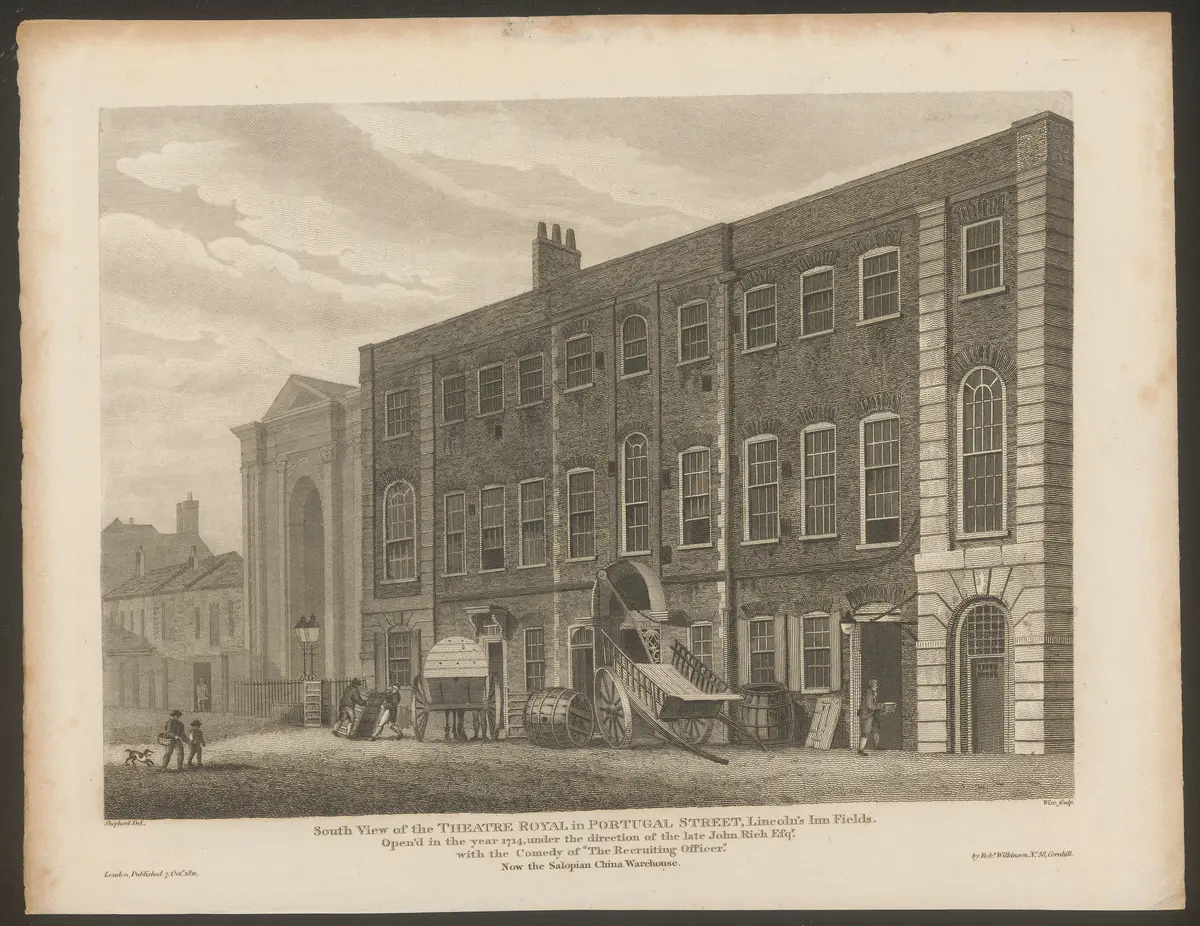 London, Lincoln's Inn Fields Theatre, Alternativtitel: London, Duke`s Theatre, Alternativtitel: London, Theatre Royal, Portugal Street, Titel in Vorlageform: Inside of the Dukes Theatre in Lincoln's Inn Fields, as it appeared in the reign of King Charles II., Titel der Serie: Londina Illustrata