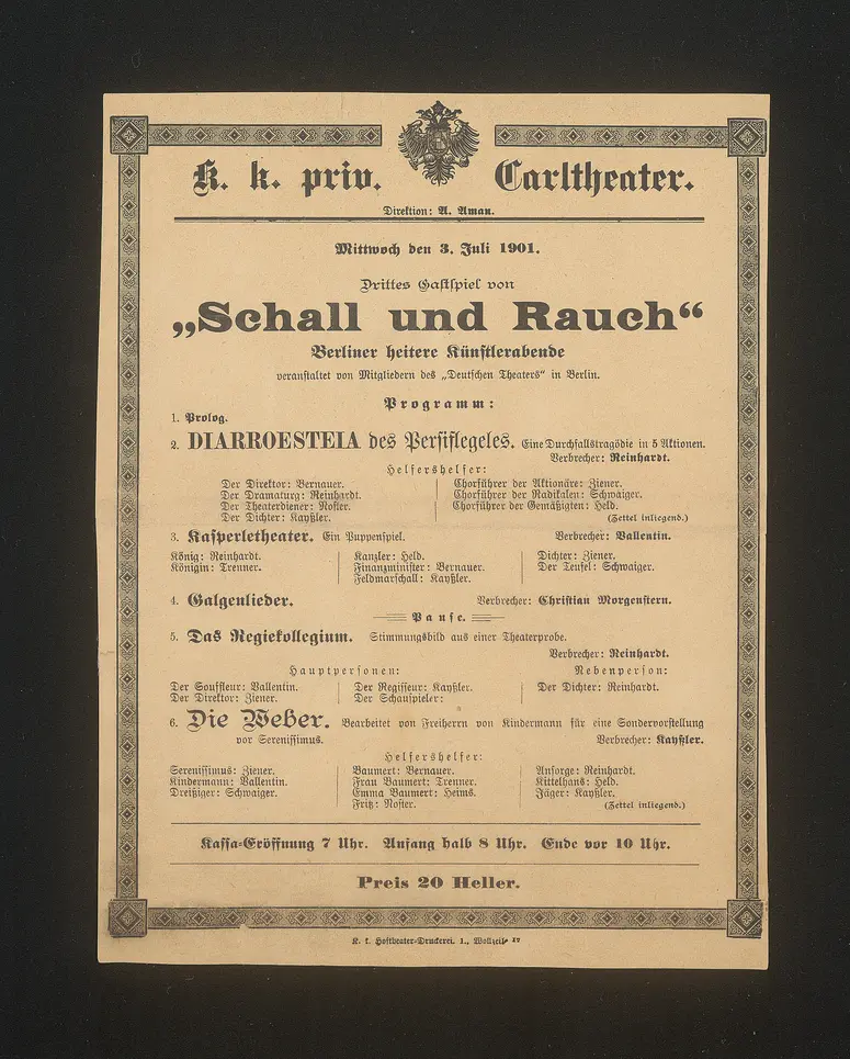 Schall und Rauch, Verweis auf Stücktitel: Diarroesteia des Persiflegeles, Verweis auf Stücktitel: Kasperletheater, Verweis auf Stücktitel: Galgenlieder, Verweis auf Stücktitel: Das Regiekollegium, Verweis auf Stücktitel: Die Weber