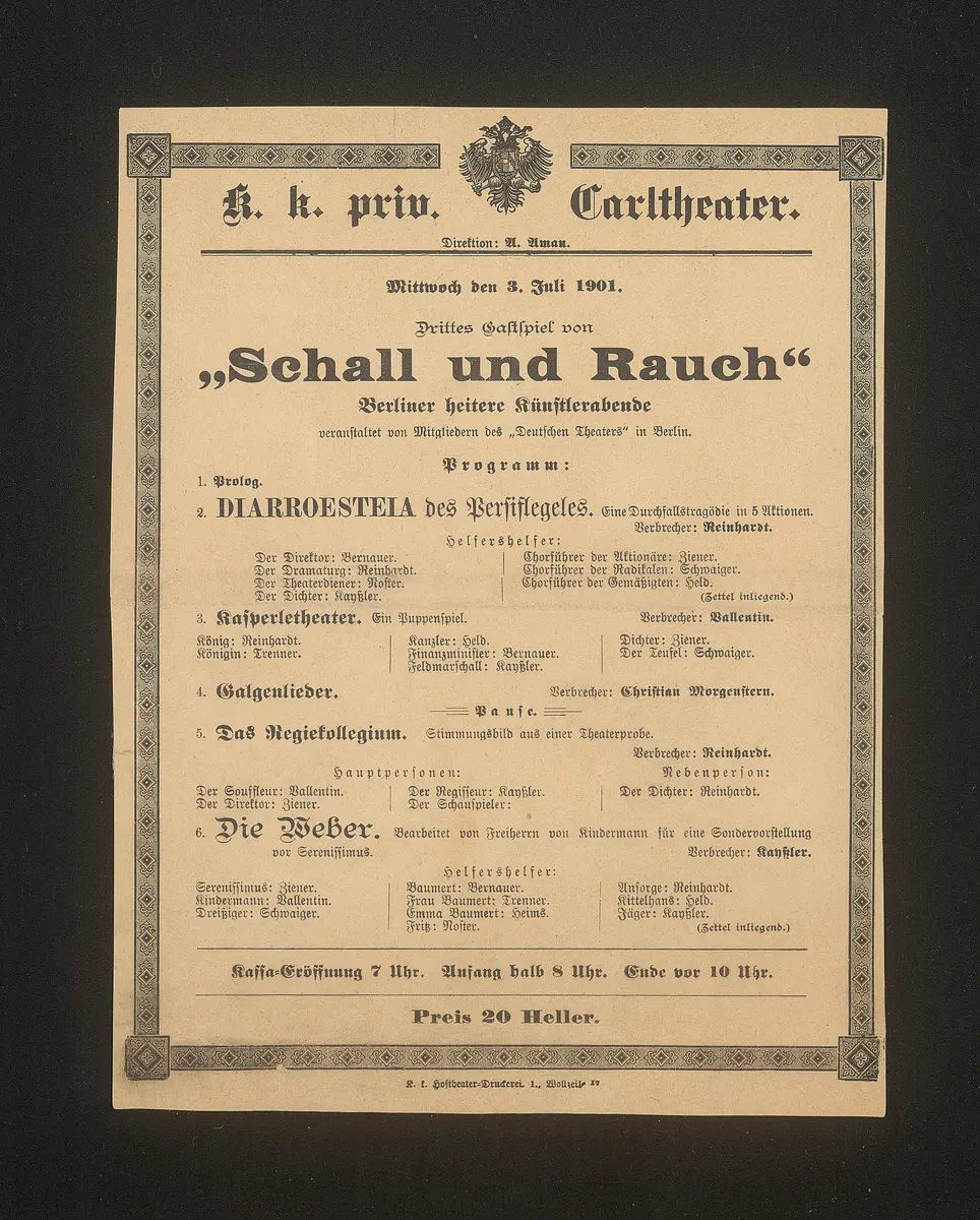 Schall und Rauch, Verweis auf Stücktitel: Diarroesteia des Persiflegeles, Verweis auf Stücktitel: Kasperletheater, Verweis auf Stücktitel: Galgenlieder, Verweis auf Stücktitel: Das Regiekollegium, Verweis auf Stücktitel: Die Weber