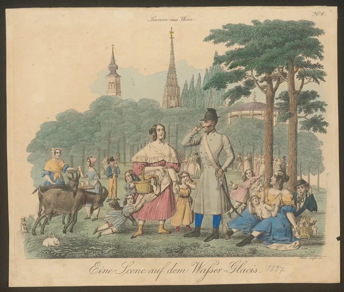 Eine Scene auf dem Walser Glacis., Titel der Serie: Wiener Scene, Name der Zeitschrift: Wiener Theaterzeitung