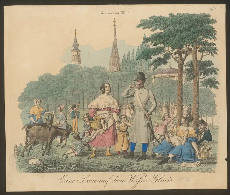 Eine Scene auf dem Walser Glacis., Titel der Serie: Wiener Scene, Name der Zeitschrift: Wiener Theaterzeitung