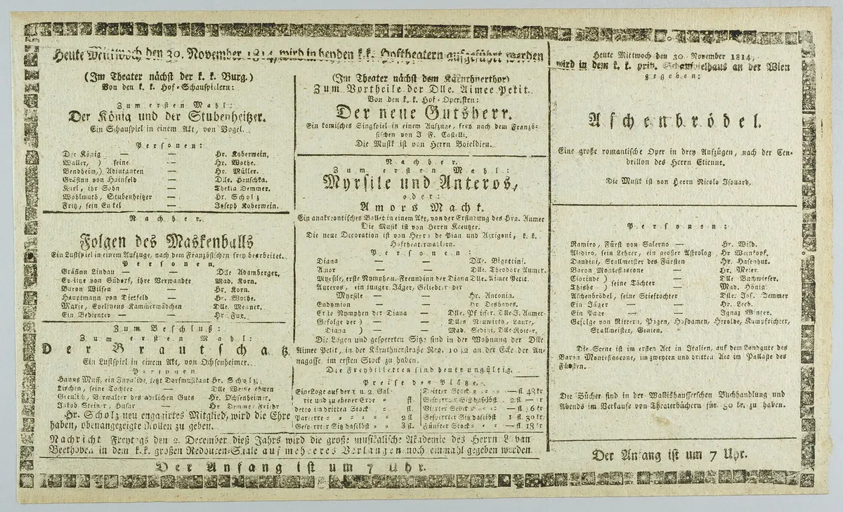 Der König und die Stubenheitzer, Folgen des Maskenballs, Der Brautschatz, Der neue Gutherr, Myrsile und Anteros oder Amors Macht, Aschenbrödel