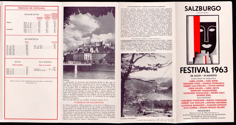 Salzburger Festspiele 1963, Titel in Vorlageform: Salzburgo Festival 1963, Verweis auf Stücktitel: Iphigenie in Aulis, Verweis auf Stücktitel: Cosi fan tutte, Verweis auf Stücktitel: Die Entführung aus dem Serail, Verweis auf Stücktitel: Figaros Hochzeit, Verweis auf Stücktitel: Die Zauberflöte, Verweis auf Stücktitel: Der Rosenkavalier, Verweis auf Stücktitel: Der Troubadour, Verweis auf Stücktitel: Jedermann, Verweis auf Stücktitel: Faust