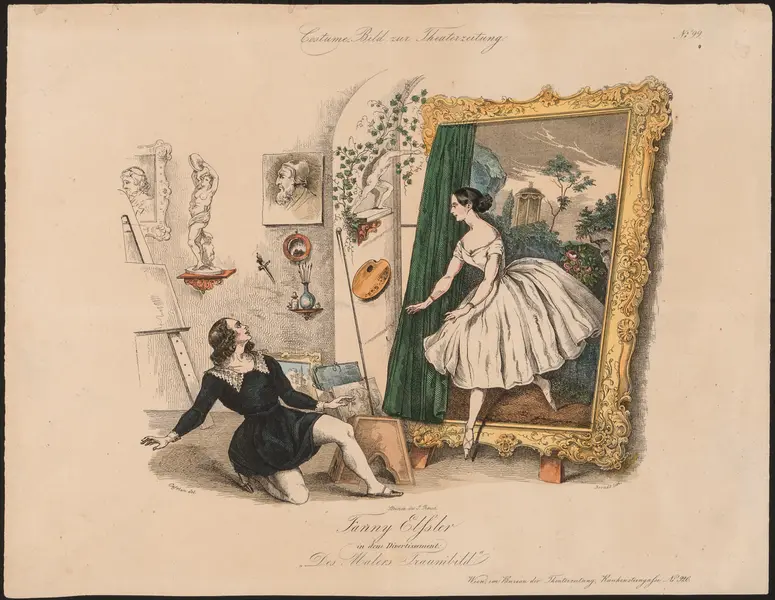 Des Malers Traumbild, Titel in Vorlageform: Fanny Elssler in dem Divertissement: Des Malers Traumbild, Titel der Serie: Costume-Bild, Name der Zeitschrift: Wiener Theaterzeitung