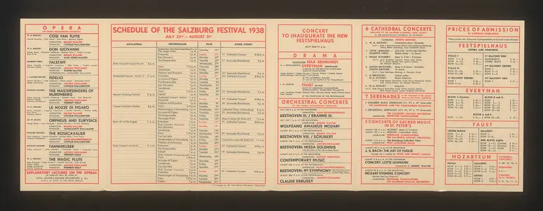 Salzburger Festspiele 1938, Titel in Vorlageform: Salzburg Festival 1938, Verweis auf Stücktitel: Cosi fan tutte, Verweis auf Stücktitel: Don Giovanni, Verweis auf Stücktitel: Falstaff, Verweis auf Stücktitel: Fidelio, Verweis auf Stücktitel: Die Meistersinger von Nürnberg, Verweis auf Stücktitel: Le nozze di figaro, Verweis auf Stücktitel: Orpheus und Eurydike, Verweis auf Stücktitel: Der Rosenkavalier, Verweis auf Stücktitel: Tannhäuser, Verweis auf Stücktitel: Die Zauberflöte, Verweis auf Stücktitel: Jedermann, Verweis auf Stücktitel: Faust