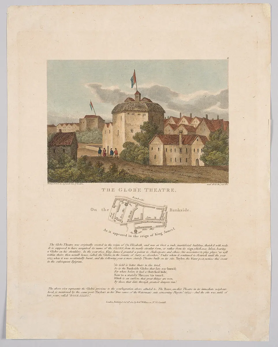 London, Globe Theatre, Titel in Vorlageform: The Globe Theatre, On the Bankside. As it appeared in the reign of James I., Titel der Serie: Londina illustrata